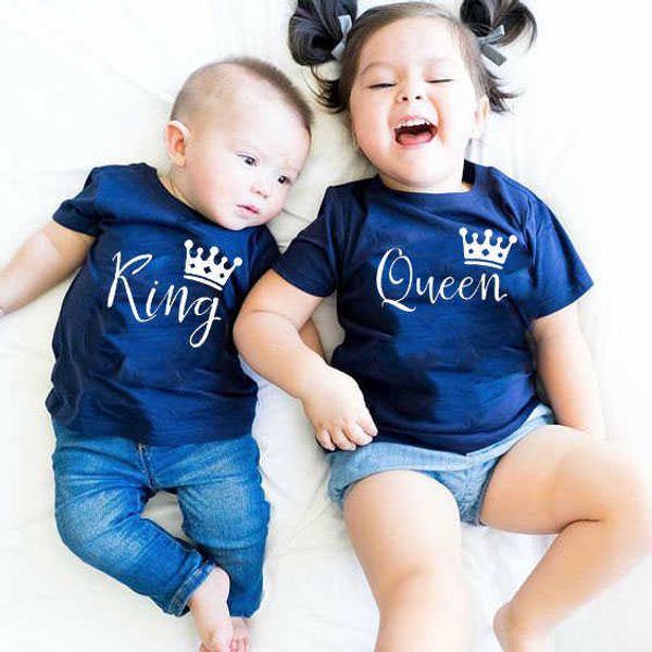 

family matching outfits 1 fashionable summer new baby short sleeve king queen letter pattern brother sisters t-shirt short sleeve dress g220, Blue
