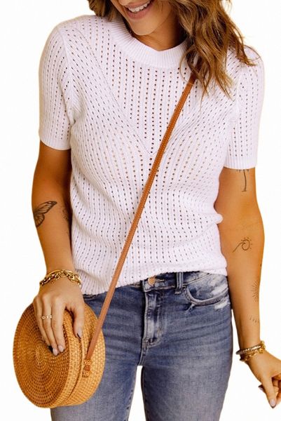

white hollow-out knitted short sleeve t shirt 04zu#