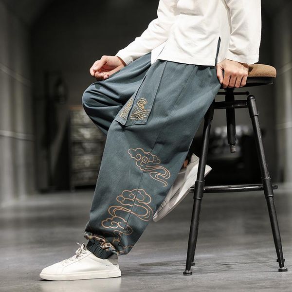 

pants 2023 men's oversize wied leg pants harajuku cotton linen casual trousers male embroidery new men jogging sweatpants streetwear, Black