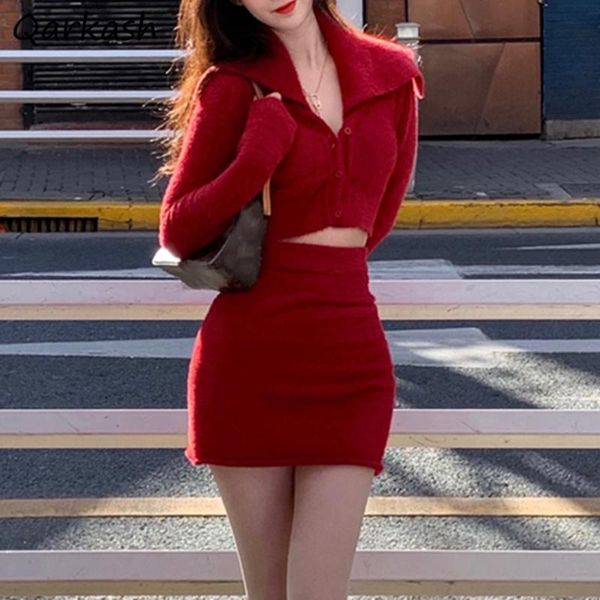 

dress women set cropped slim cardigan mini solid skirt spring vintage outfit knitwear leisure design fashion female soft mujer, White