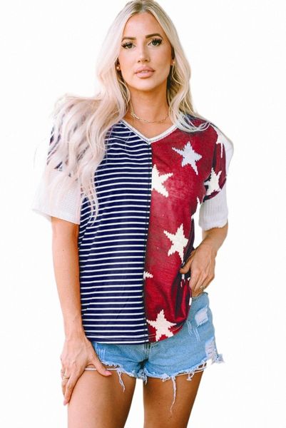 

blue stripes stars print knit short sleeves f2ah#, White