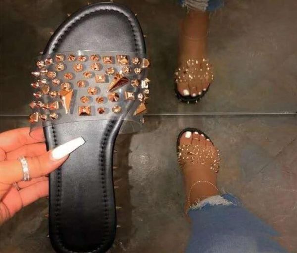 

woman rivet slippers crystal snakeskin transparent summer ladies colorful slides fashion women039s flip flops flat plus size sh6563616, Black