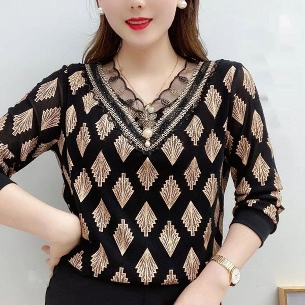 

women's t shirts fashion half turtleneck embroidered women's t-shirt 2023 spring autumn patchwork mesh -4xl middle-aged clothing, White