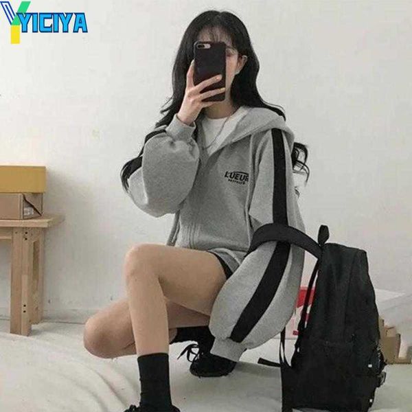 

yiciya women's hoodies contrast color long sleeves women coat loose zipper cardigan hooded soft elastic cuff drawstring lady fall, Black
