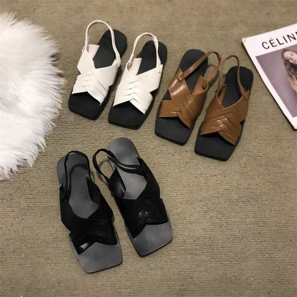 

cross strap sandals for women's summer 2023 new korean version soft leather comfortable half slippers flat bottomed beach shoes, Black