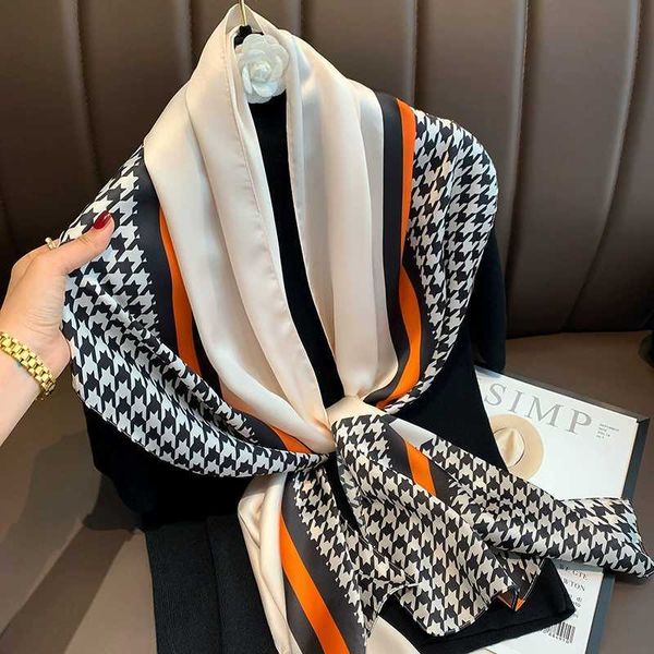 

korean style popular shawls classic print lattice silk scarves 2022 four seasons long scarf fashion sunscreen 160x40cm headcloth g220513, Blue;gray