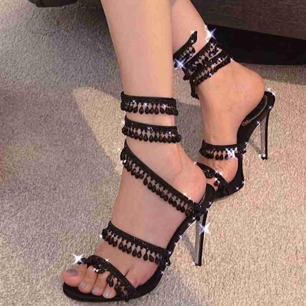 

stiletto sandals luxury designer rene caovilla crystal lamp pendant rhinestone twining foot ring high ed womens shoes narrow band 10cm heel, Black