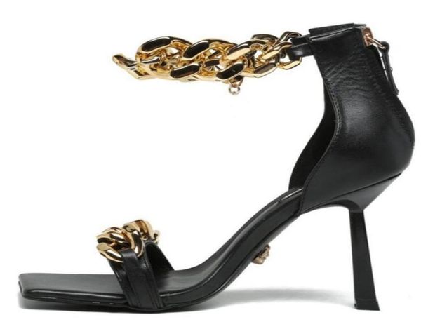 

luxury brand womens sandals chain with square head and high heel 95cm snakeskin cow leather wedding platform shoes size 35428871490, Black