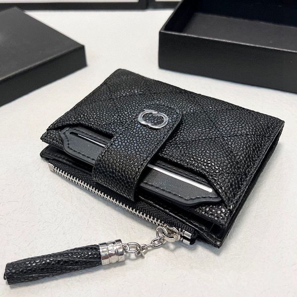 

women mini wallet designer bag caviar calfskin leather with tassel silver metal hardware card holder purse handbag clutch luxury sacoche mul, Red;black