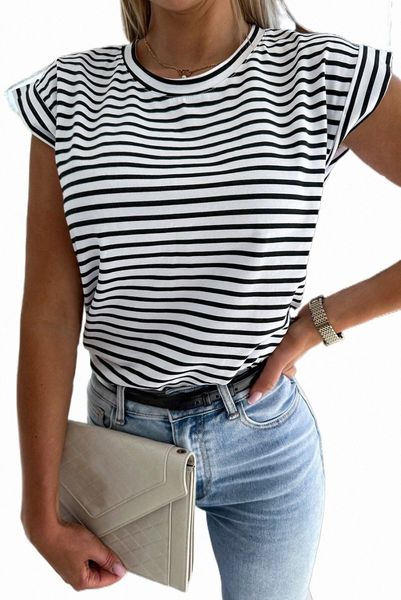 

striped rolled cap sleeve round neck t shirt 89nk#, White