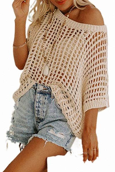 

apricot fishnet knit ribbed round neck short sleeve sweater tee l2me#, White