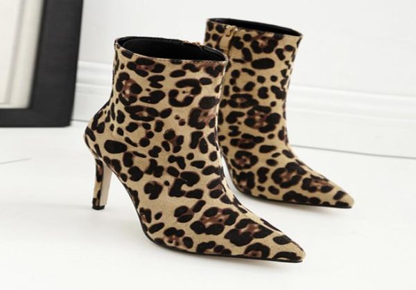 

2018 womens fashion ankle boots leopard print female zip pointed toe thin high heels ladies shoes nonslip rubber sole3693049, Black