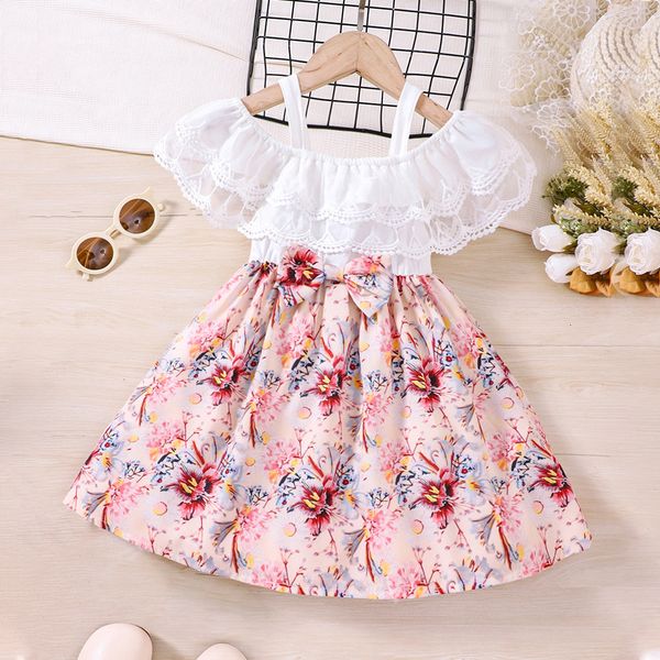 

girl's dresses kids casual dress for girls summer toddler ruffle lace floral print princess strap dress fashion children clothing 1-8y, Red;yellow