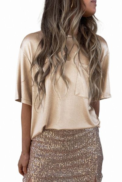 

apricot chest pocket loose fit short sleeve t shirt a4q1#, White