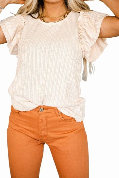 

beige ruffled rib knitted short sleeve t shirt t33k#, White