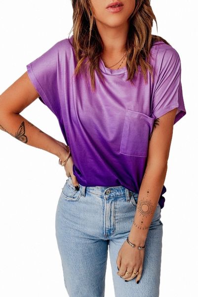 

purple gradient color short sleeve t-shirt with pocket k1sd#, White