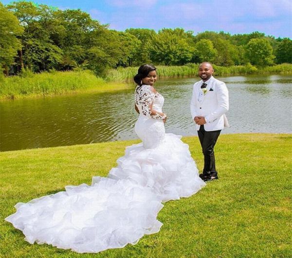 

cheer ruffles long train mermaid wedding dress 2021 lace beaded plus size african wedding gown plus size wedding dresses7910535, White