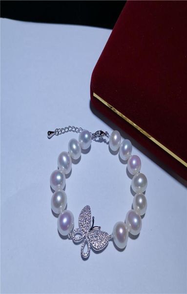 

fashion atmosphere 910mm genuine white freshwater pearl bracelet micro inlay zircon butterfly accessories clasp 19cm6468116, Black