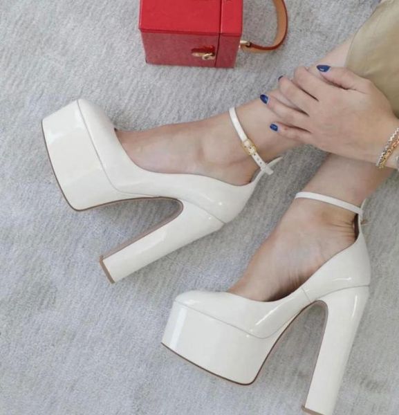 

tango platform pumps shoes ivory patent leather highheeled ankle strap chunky heels block heel 155mm round toe dress shoe women 7550143, Black