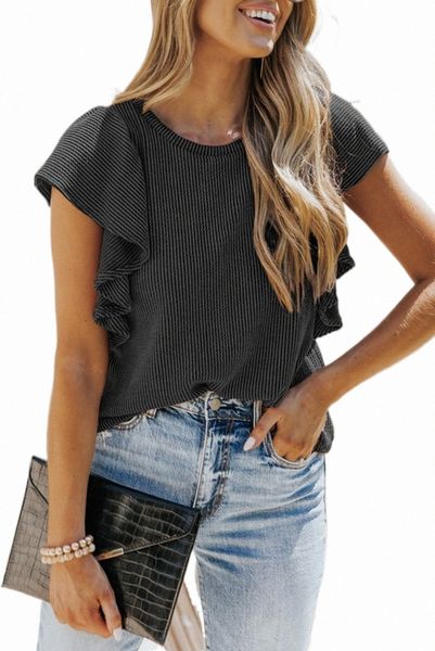 

black ribbed knit ruffled short sleeve t shirt 50vo#, White