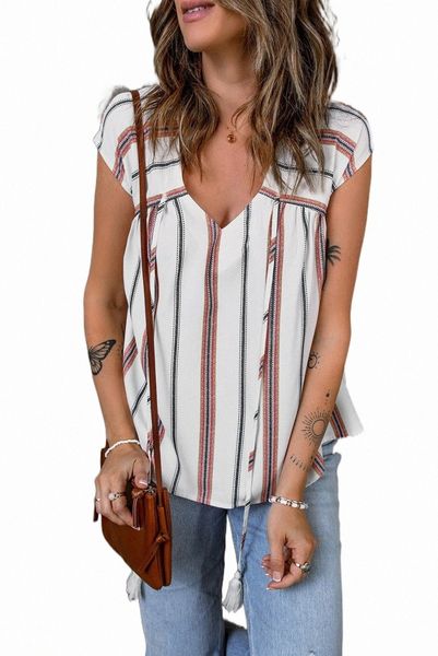 

white striped print loose v neck short sleeve c87u#