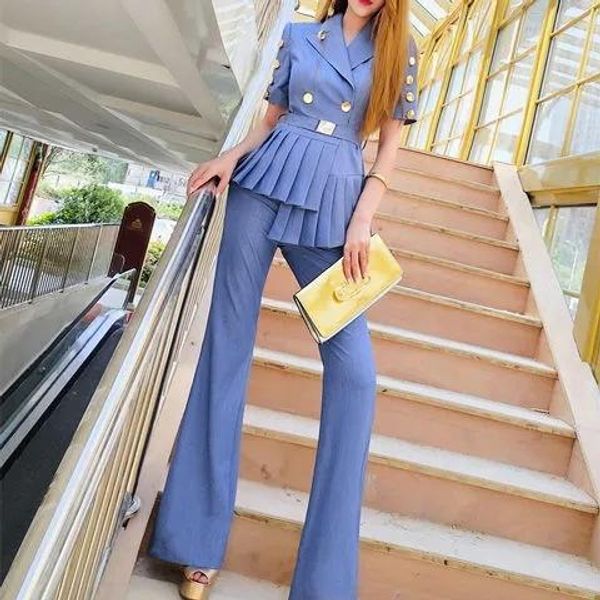 

pants summer women blazer suits two pieces button sleeve jacket with pants ladies double breasted blazer coat set with sashes, White