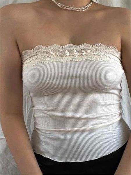 

womens tanks camis chronstyle women strapless tube y2k lace patchwork tank camis fairy off shoulder backless ribbed mini vests crop 230519, White