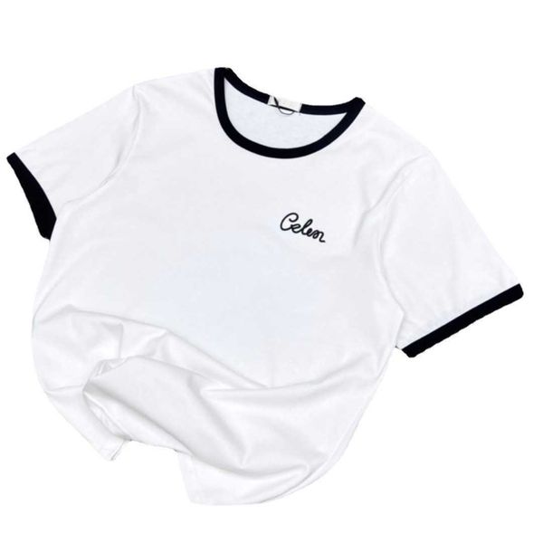 

ce23 spring/summer new casual simple letter 3d embroidery contrast color slim round neck versatile women's short sleeve t-shirt, White