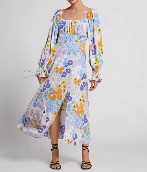 

runway dress square neck lantern sleeve floral printed midi dress, Black