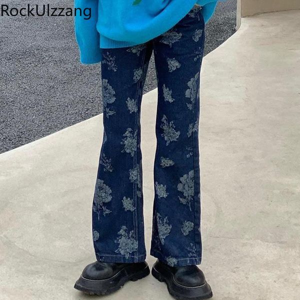 

jeans embroidery goth flower high waist flare jeans bootcut bell bottom denim pant korean style women ladies y2k fashion slim elegant, Blue