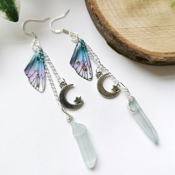 

dangle chandelier moon fairy crystal earrings star quartz butterfly wing long chain 230519, Silver