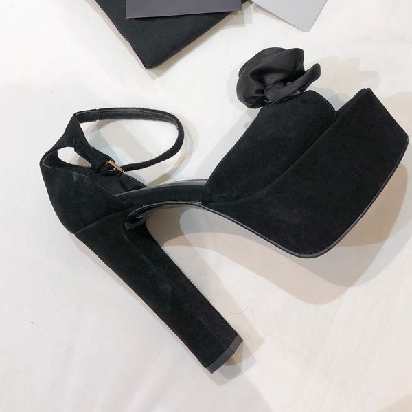 

cover heel sandals fashion flower square grid cashmere leather womens shoes designer ankle wrap 13.5cm high heeled shoe 35-42 fish mouth rom, Black