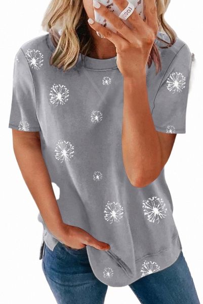 

gray dandelion print crew neck t-shirt 2023 new l3vg#, White