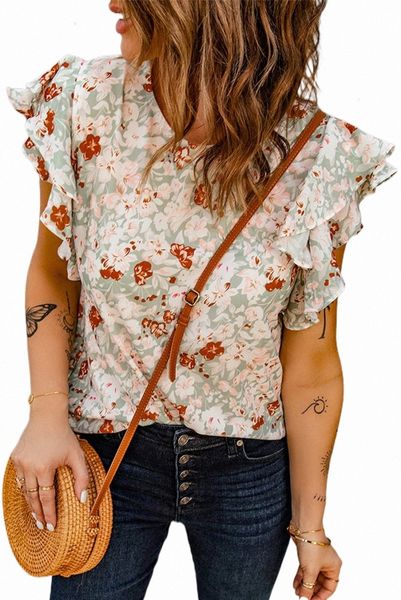 

green floral ruffle short sleeve tee 2023 new c8lf#, White