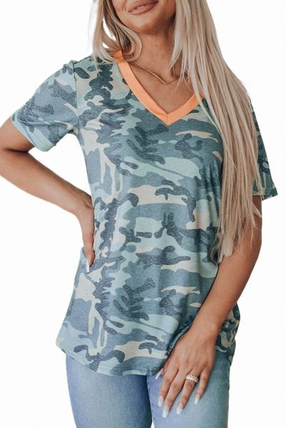 

camouflage print v neck short sleeve t shirt u7xp#, White