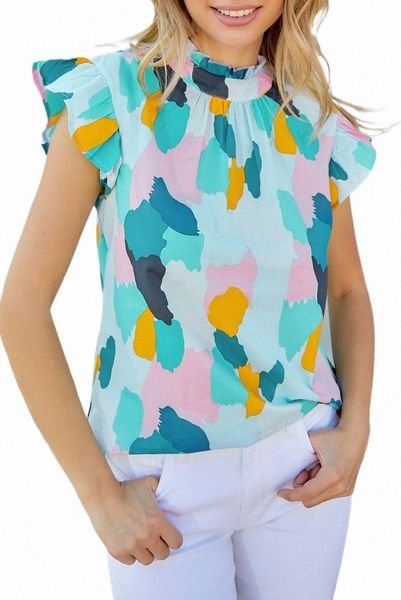 

green ruffle cap sleeve frill mock neck printed p44y#, White