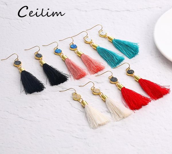

new bohemia ethnic style long tassel earrings for women fashion natural resin stone pendant dangle earring jewelry 6 colors female7313735, Silver