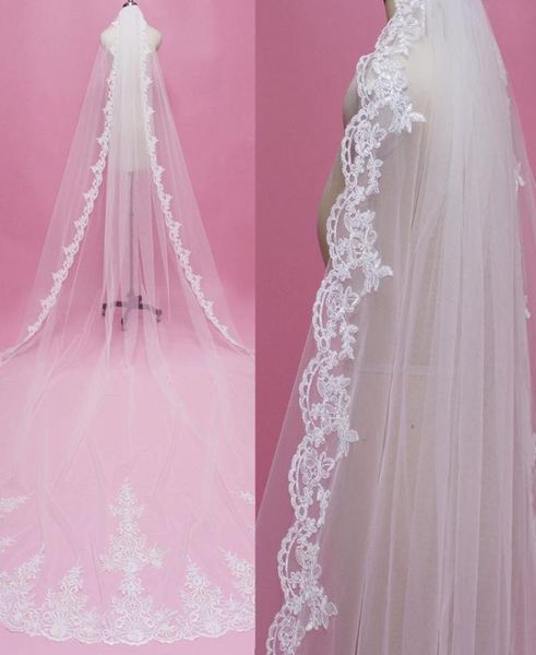 

bridal veils real pos 4 meters long lace edge one layer wedding veil with comb luxury m white ivory velo de novia8140772, Black