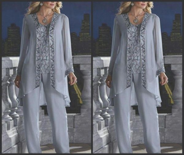 

2019 new mother of the bride groom 3 piece pant suit silver chiffon beach wedding mothers dress long sleeves beads formal evening 2599855, Black;red