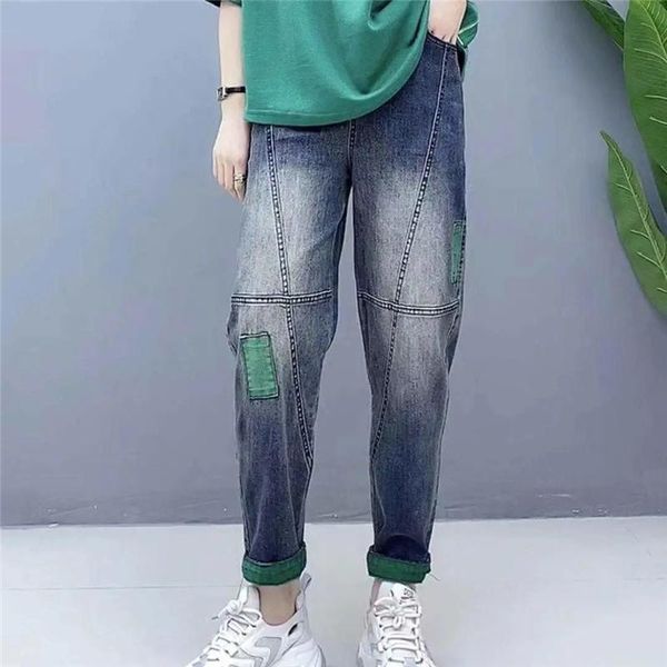 

jeans casual women's high waist denim harem pants bleached patch designs loose jeans with pockets vintage big size elastic waist jeans, Blue