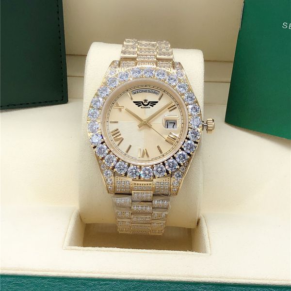 

6 style full diamond gold roman dial watch 228396 128238 sapphire big diamond bezel 43mm 18k gold men 2813 automatic wrist watch, Slivery;brown
