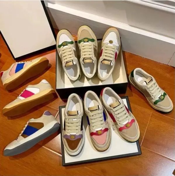 

designer shoes screener sneakers women men casual shoes beige butter dirty leather running vintage red green web stripe gg''sneake, Black