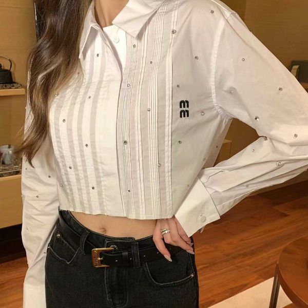 

women's blouses & shirts designer 2023 spring/summer new cardigan shirt white diamond heavy industry short slim long sleeve