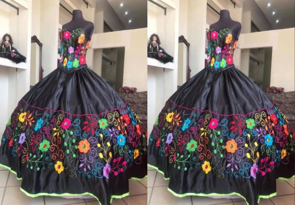 

black colorful flower embroidery charro quinceanera dresses 2022 sweetheart satin lace up back mexicano vestido de 15 xv swee7929116, Blue;red