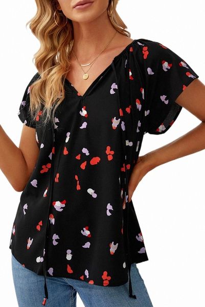 

black v-neck short sleeve fashion print fantasy fluttering blouse k0dy#, White