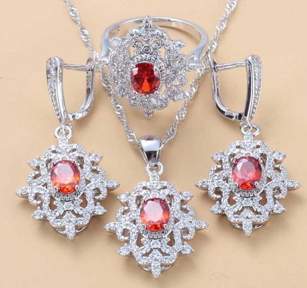 

elegant women wedding costume jewelry sets natural stone red garnet dangle earrings and necklace ring bridal sets h10227443982, Silver
