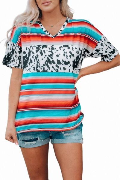 

western serape cow color block v neck 2023 new j33g#, White