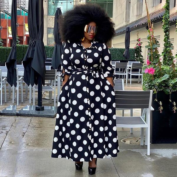 

plus size dresses dress women size loose long with lacing up dots bohemian ladies shirt maxi elegance wholesale drop 230518, Black