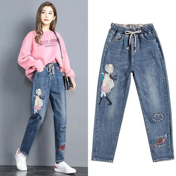 

jeans 2023new jeans women embroidered trousers women spring and autumn high waist trousers pattern harem pants femme l129, Blue