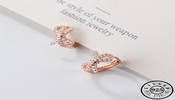 

hoop huggie 925 sterling silver zircon bowknot shape small earrings rose gold color round circle ear cz earings jewelry for wome3521776, Golden;silver